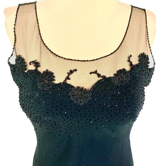 Sheer Illusion Lace Evening Gown Black Beaded Maxi 8 Formal Prom Black Tie - Picture 3 of 12